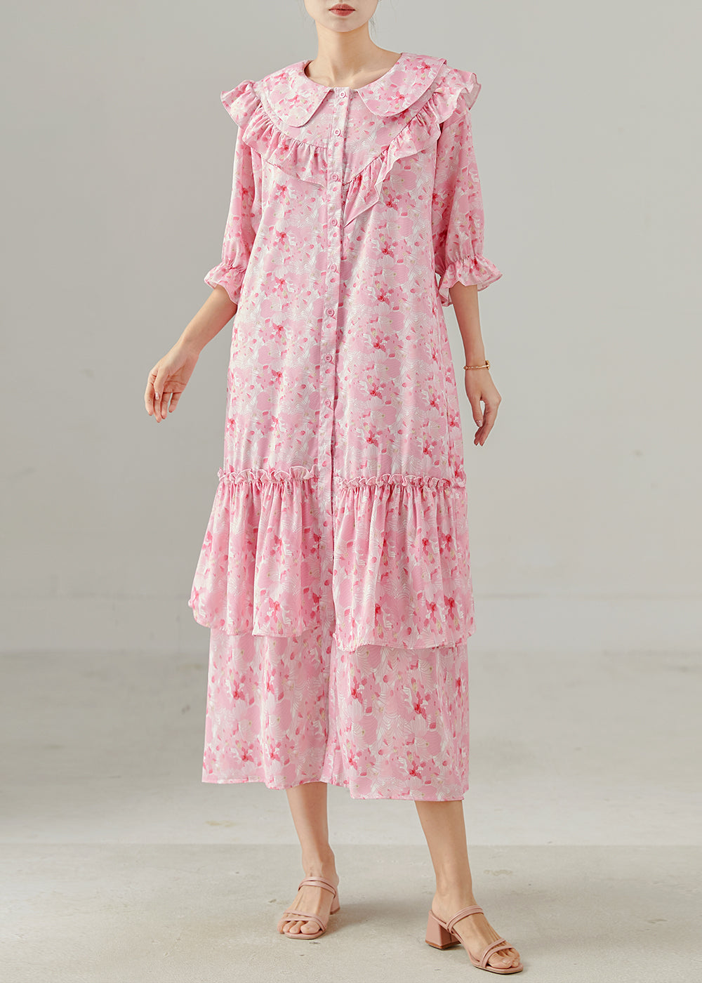 Pink Ruffled Print Chiffon Dress Spring