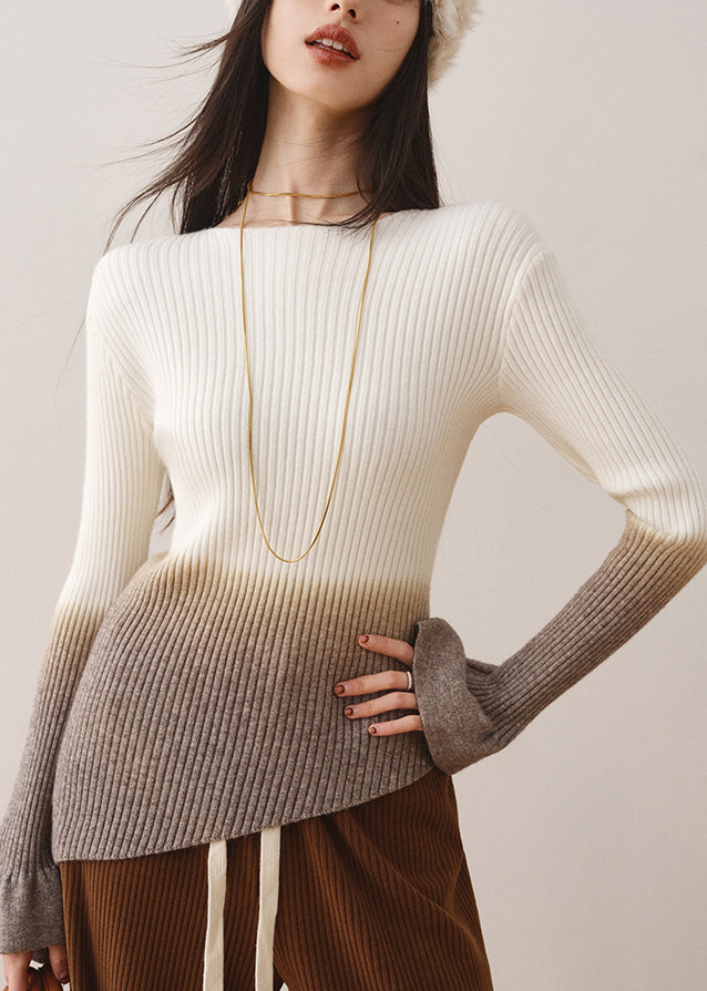 White Gradient Slash Neck Slim Knit Sweaters Fall