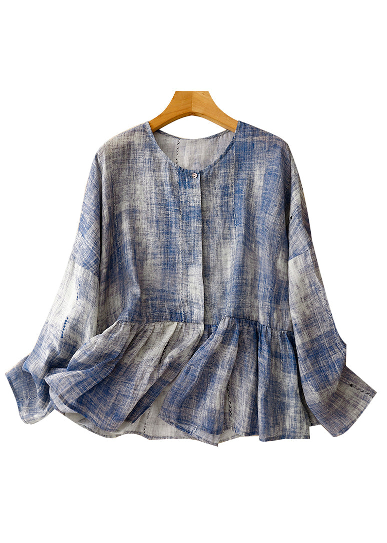 Blue O Neck Tie Dye Patchwork Cotton Shirts Spring