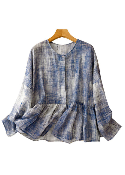 Blue O Neck Tie Dye Patchwork Cotton Shirts Spring