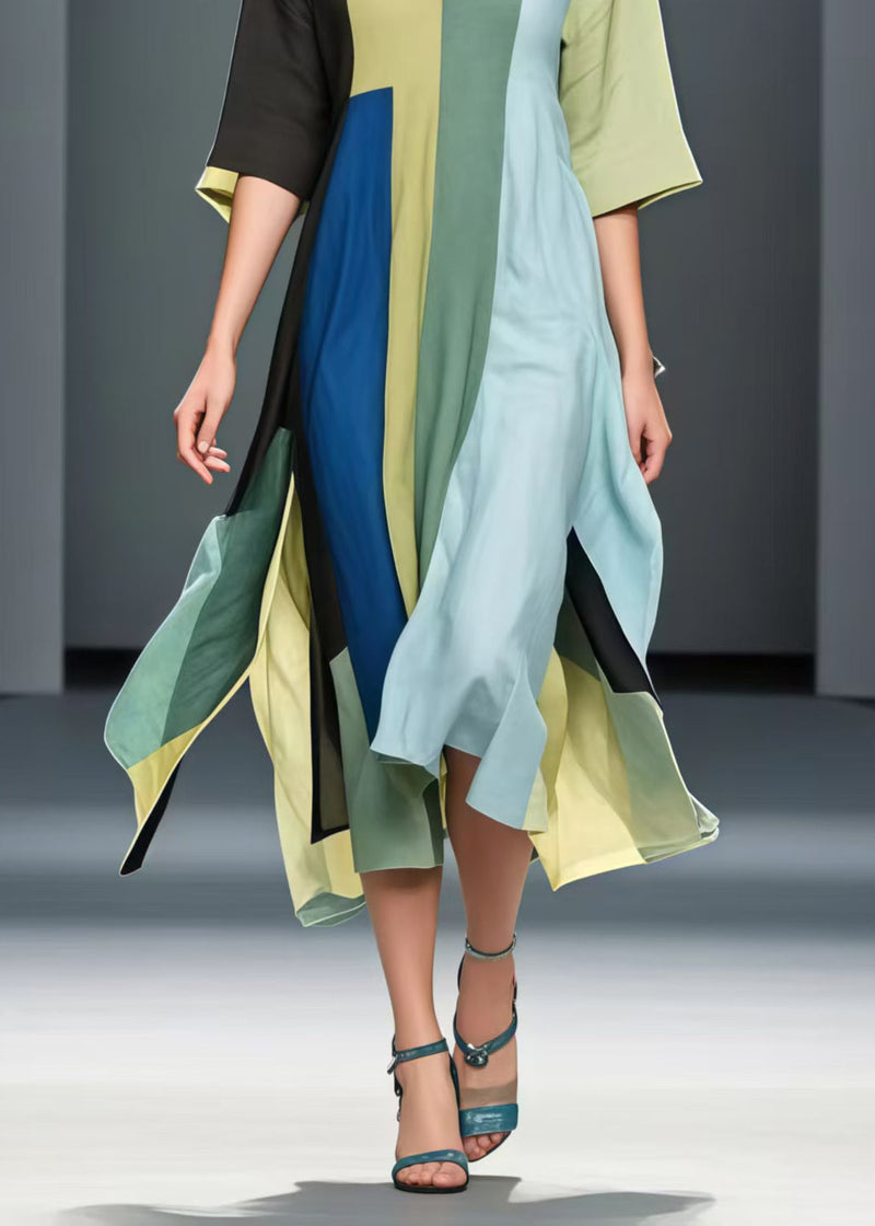 Art Asymmetrical Patchwork Side Open Cotton Long Dresses Summer