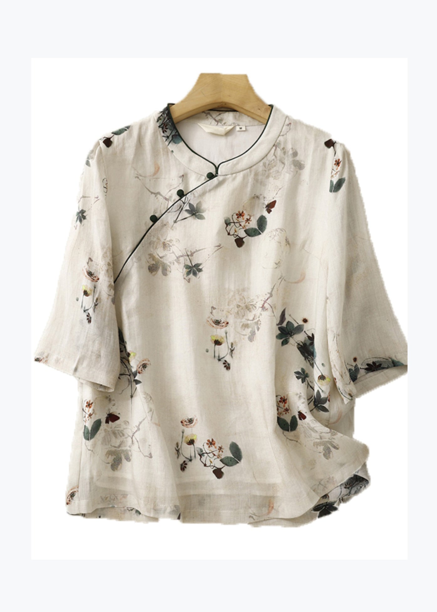 Beige Stand Collar Print Linen Tops Summer