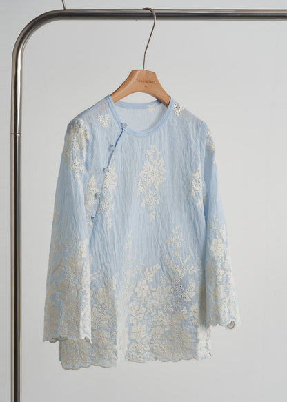 Sky Blue Embroidered Cotton Tops Fall