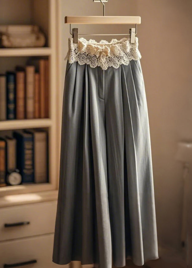 Grey Wrinkled Patchwork Lace Wide Leg Pants Fall