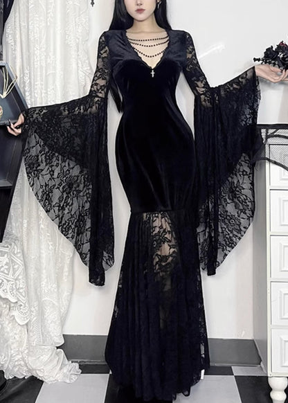 Black V Neck Lace Patchwork Silk Velvet Long Dresses Flare Sleeve