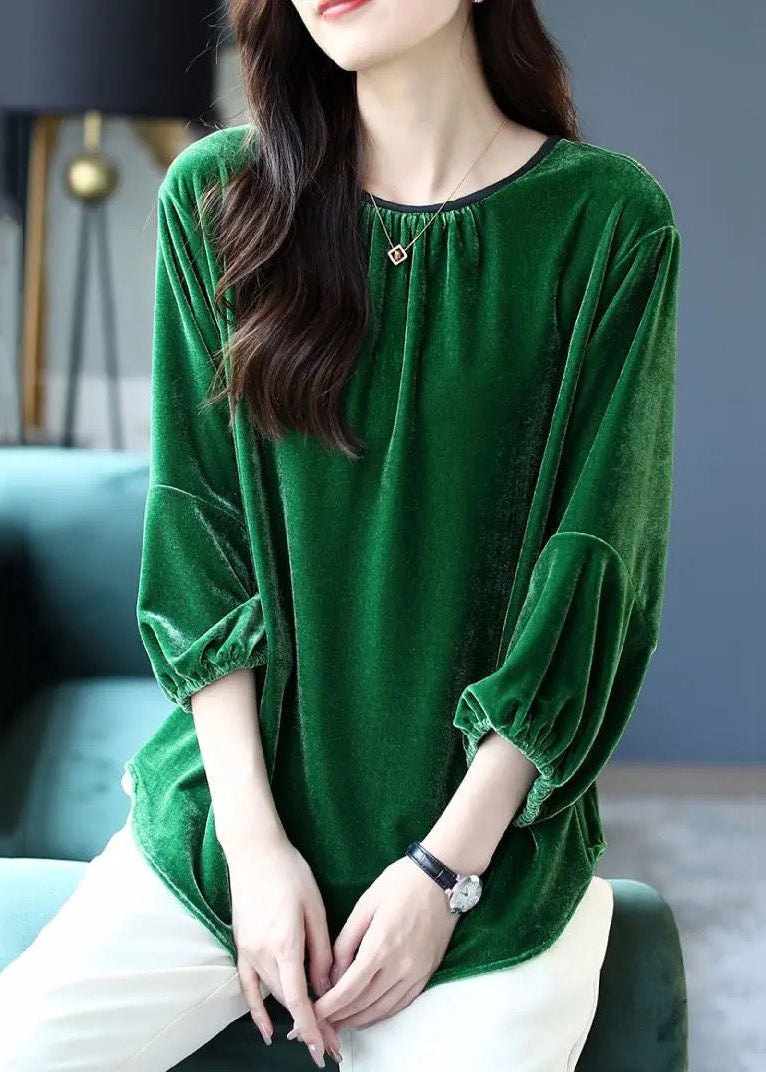 Loose Blackish Green O Neck Silk Velour Tops Spring