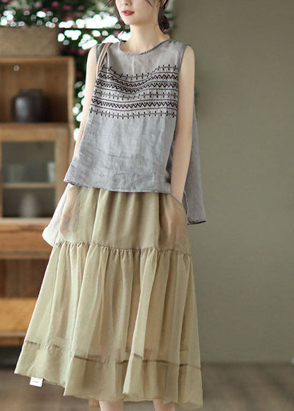 Grey Linen Tank Tops Button Embroidered Sleeveless
