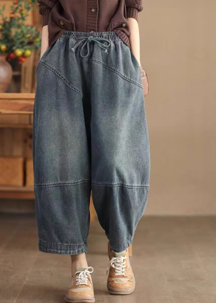 Blue Pockets Elastic Waist Cotton Harem Pants Spring