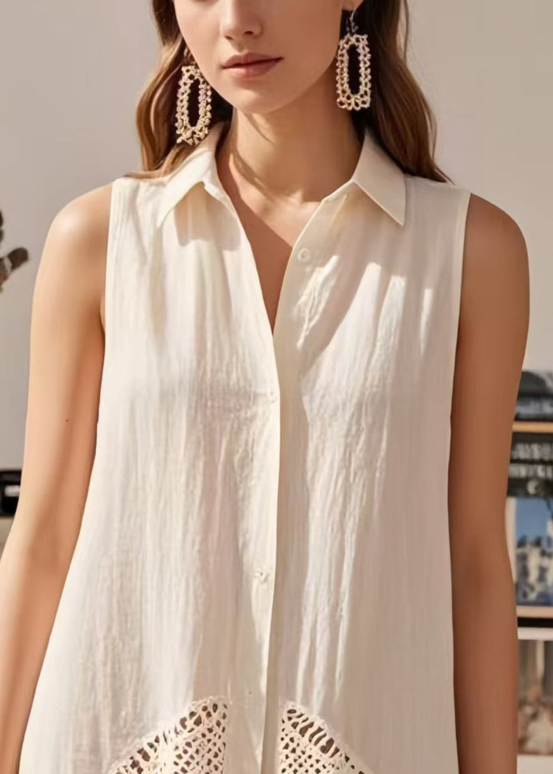 White Patchwork Cotton Blouses Peter Pan Collar Hollow Out Sleeveless