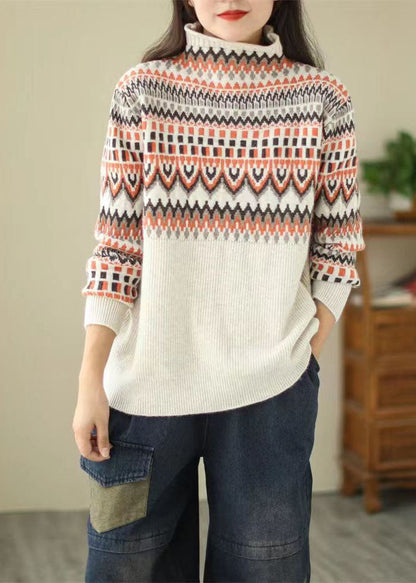 Beige Turtle Neck Thick Print Knit Sweater Tops Winter
