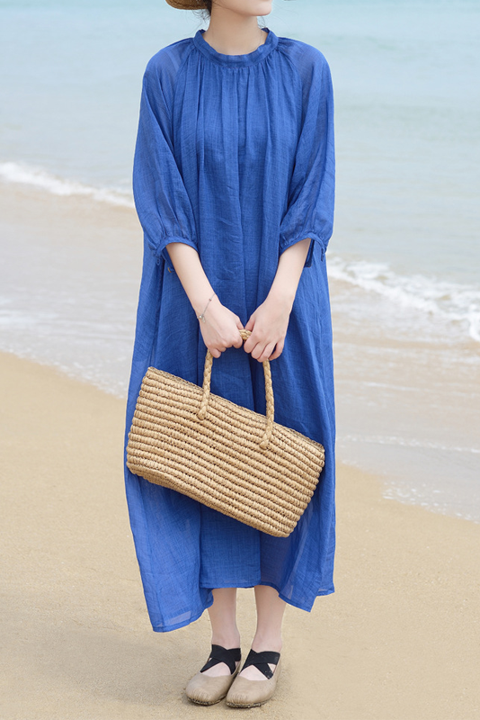 Summer Klein Blue Ramie Dress Loose Balloon Sleeve Long Dress