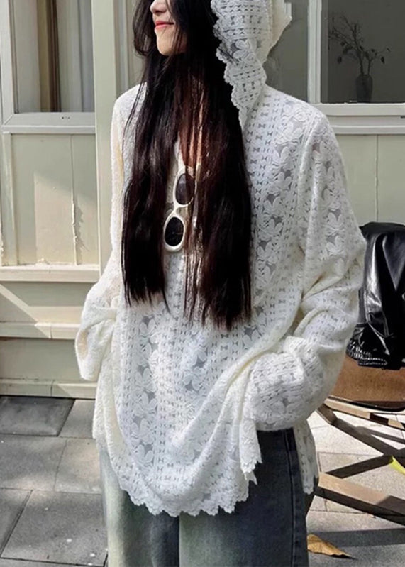 Modern White Hooded Knit Lace Shirts Spring