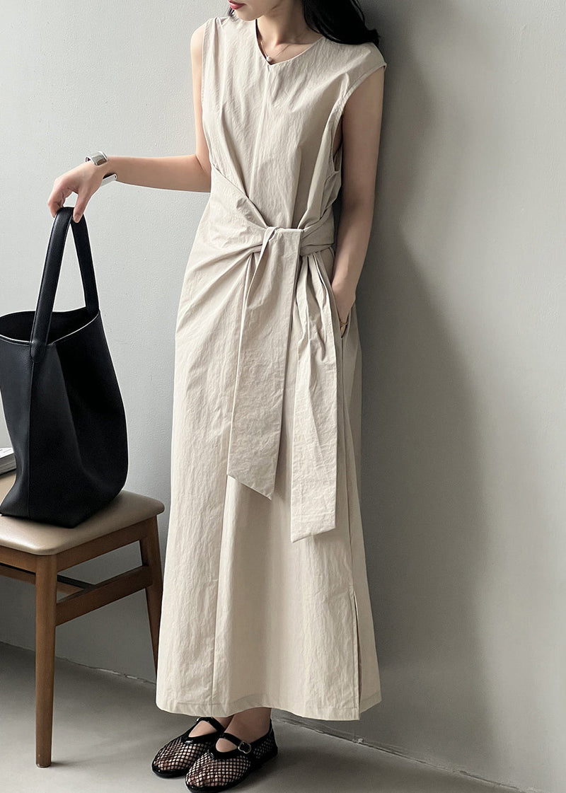 French Beige Side Open Pockets Cotton Long Dresses Sleeveless