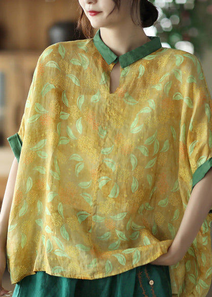 Yellow Patchwork Ramie Shirt Short Sleeve