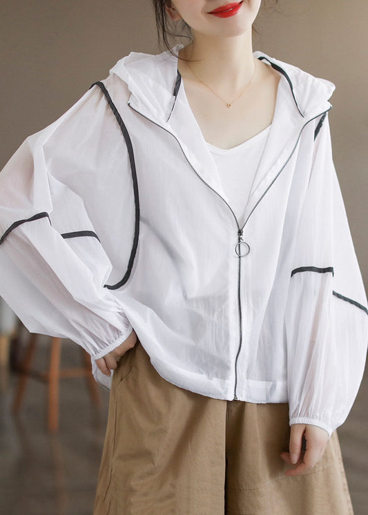 Style White Hooded Zippered Cotton Upf 50+ Coat Jacket Long Sleeve