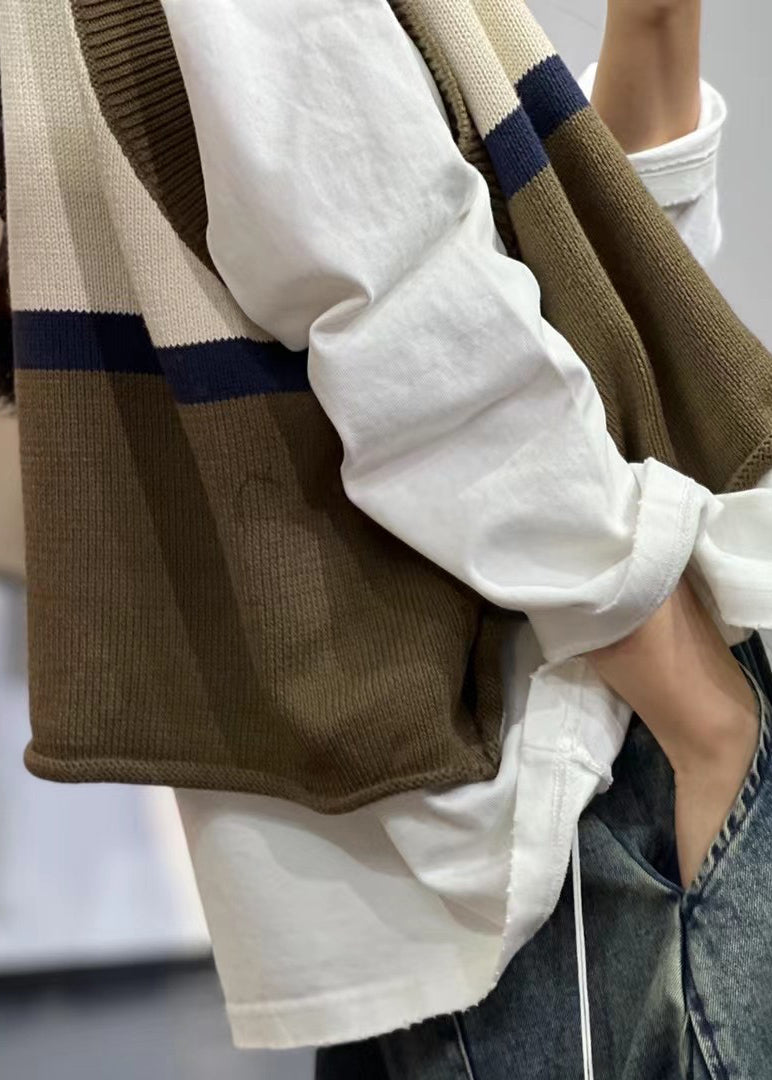 Beige O Neck Patchwork Cotton Knit Waistcoat Sleeveless