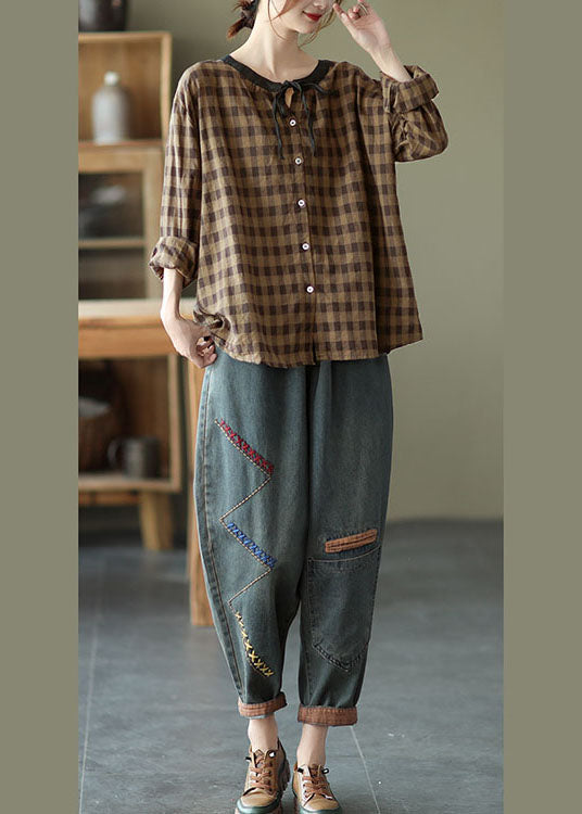 Diy Chocolate Plaid Button Tie Fall Shirt Long Sleeve