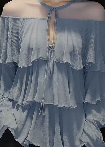 Blue O-nec Ruffled Tulle Patchwork Chiffon Shirt Spring