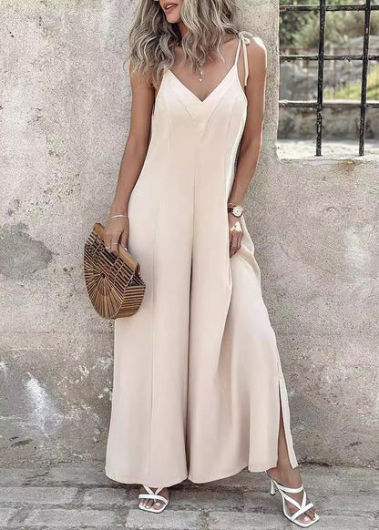 Boutique Apricot V Neck Spaghetti Strap Cotton Jumpsuits Spring