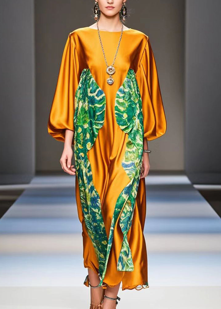 Italian Caramel Oversized Patchwork Print Silk Dress Spring