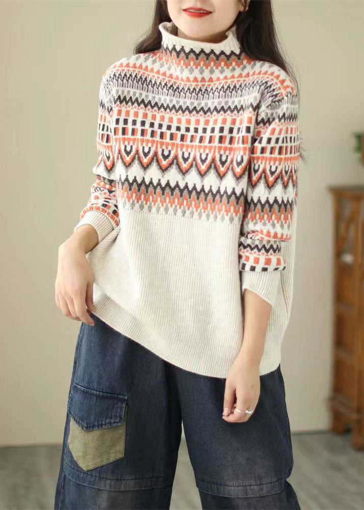 Beige Turtle Neck Thick Print Knit Sweater Tops Winter