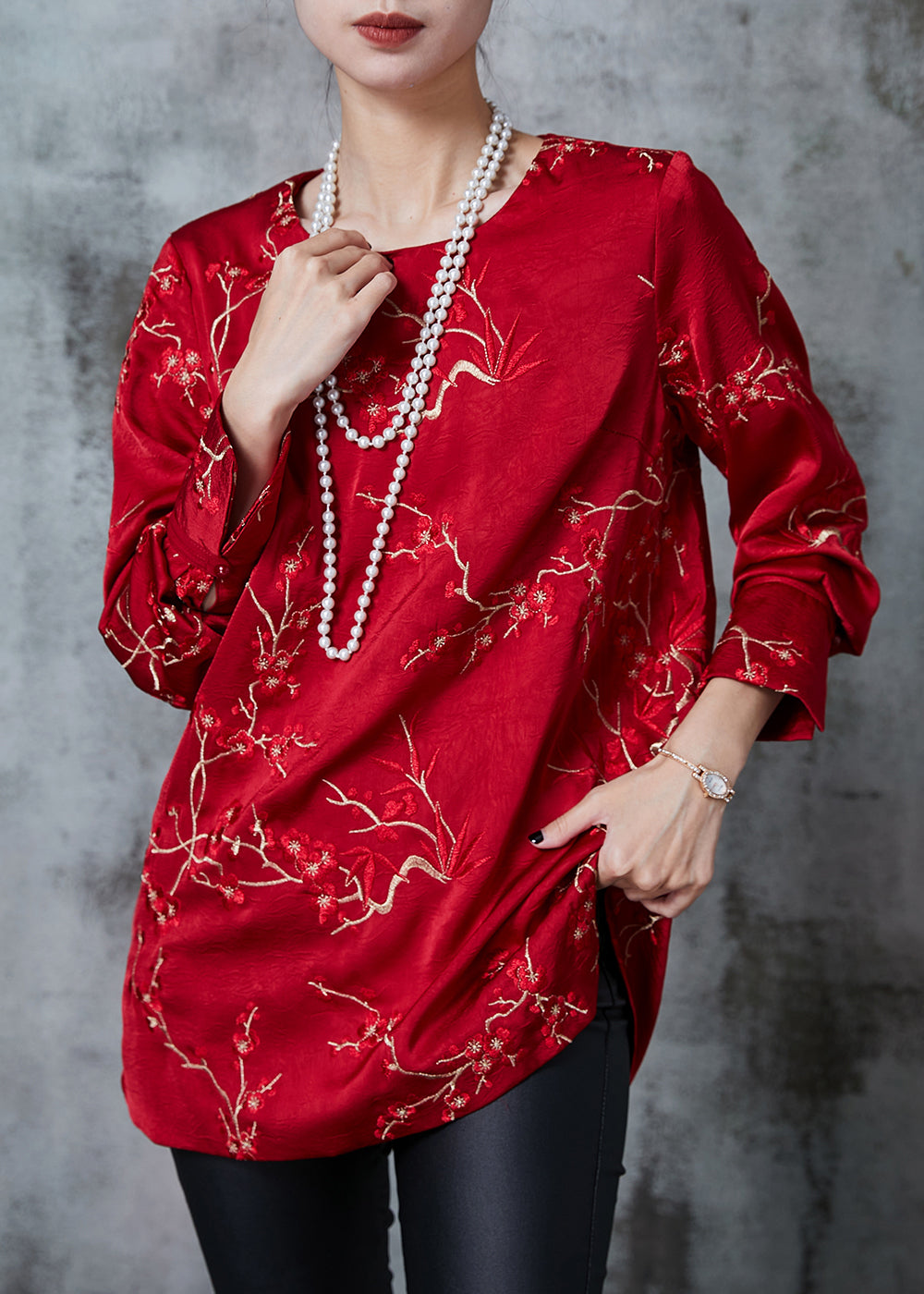 Red Embroidered Silk Blouses Fall