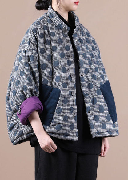 Blue Pockets Patchwork Dot Winter Cotton Coat