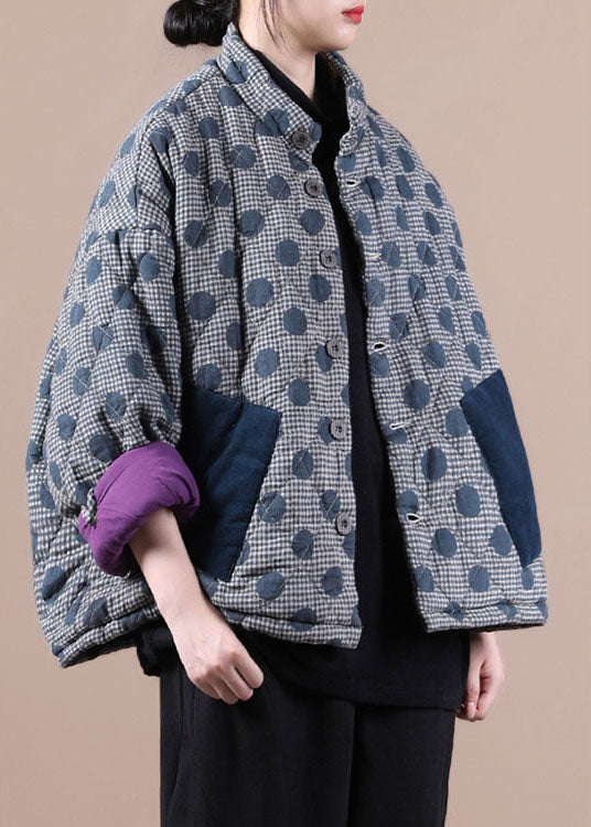 Blue Pockets Patchwork Dot Winter Cotton Coat