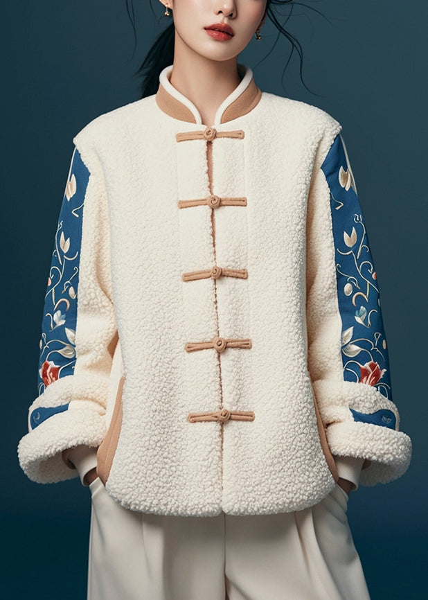 White Button Print Patchwork Teddy Faux Fur Coats Winter