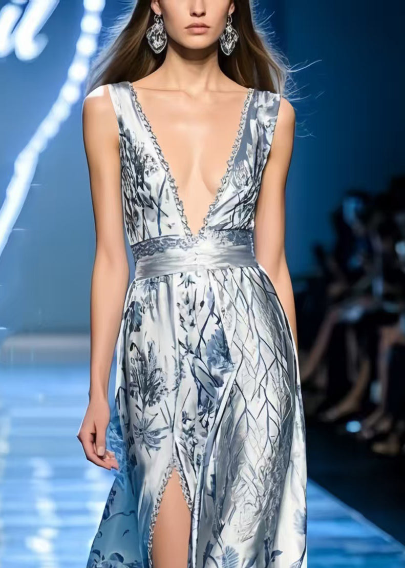 Light Blue Print Silm Fit Party Dress Deep-v Side Open Sleeveless