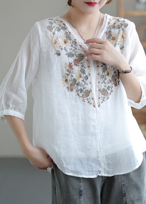White V Neck Embroidered Linen Blouse Tops Half Sleeve