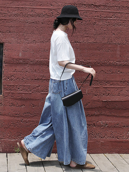Drawstring Blue Denim Wide Leg Pants Jeans
