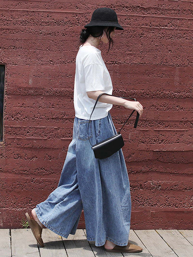 Drawstring Blue Denim Wide Leg Pants Jeans