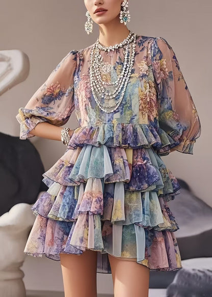 Purple Ruffles Print Chiffon Party Dresses Summer