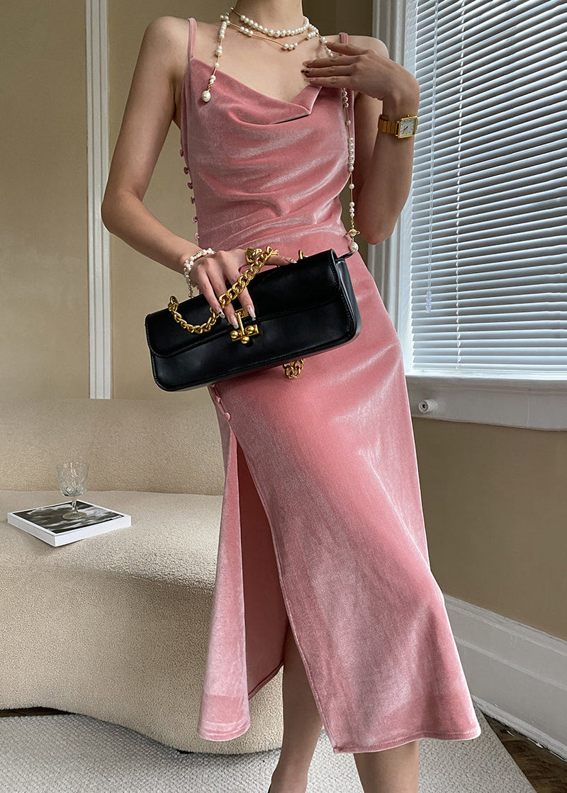 Pink Button Side Open Silk Velvet Spaghetti Strap Dress Sleeveless