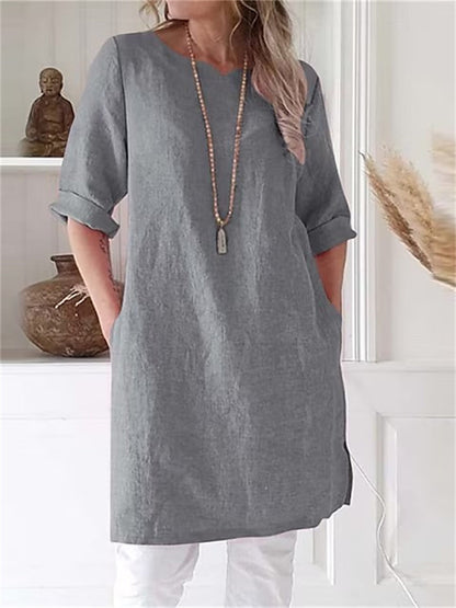 Round Neck Cotton Linen Comfortable Color A-line Dress