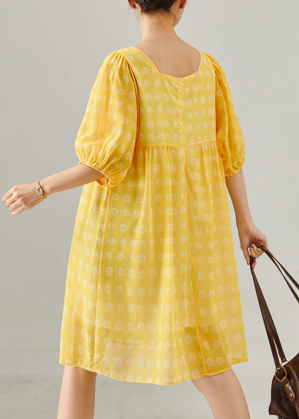 Yellow Square Collar Print Cotton Tea Dress Summer