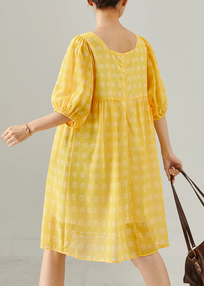 Yellow Square Collar Print Cotton Tea Dress Summer