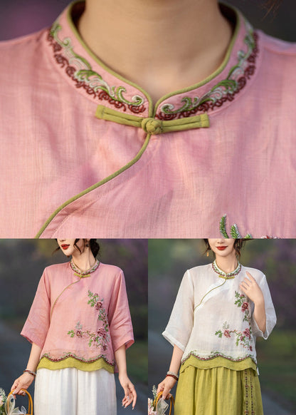 Pink Embroidered Button Linen Shirt Bracelet Sleeve