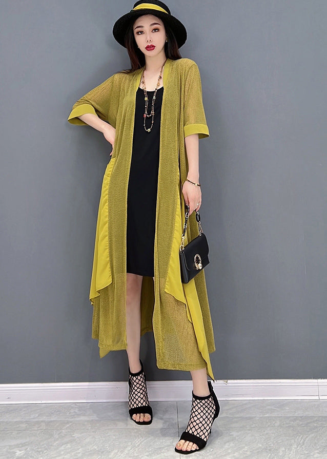 Yellow Asymmetrical Design Patchwork Loose Long Cardigans Summer