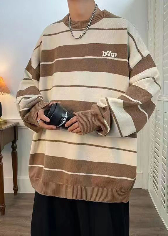Loose Yellow O Neck Striped Knit Sweaters Winter
