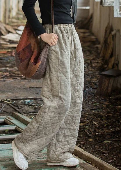 Oatmeal Plaid Tie Dye Pockets Cotton Filled Straight Pants