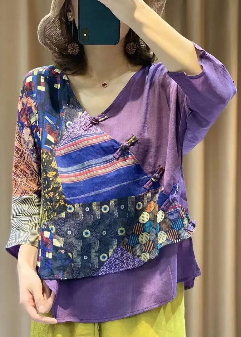Purple Chinese Button Print Patchwork Cotton Shirt Tops Summer