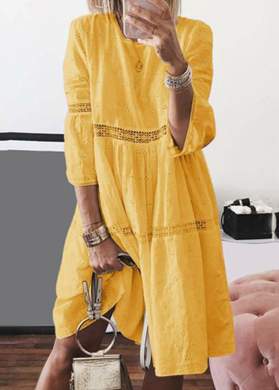 Yellow O-neck Hollow Out Long Dresses Bracelet Sleeve