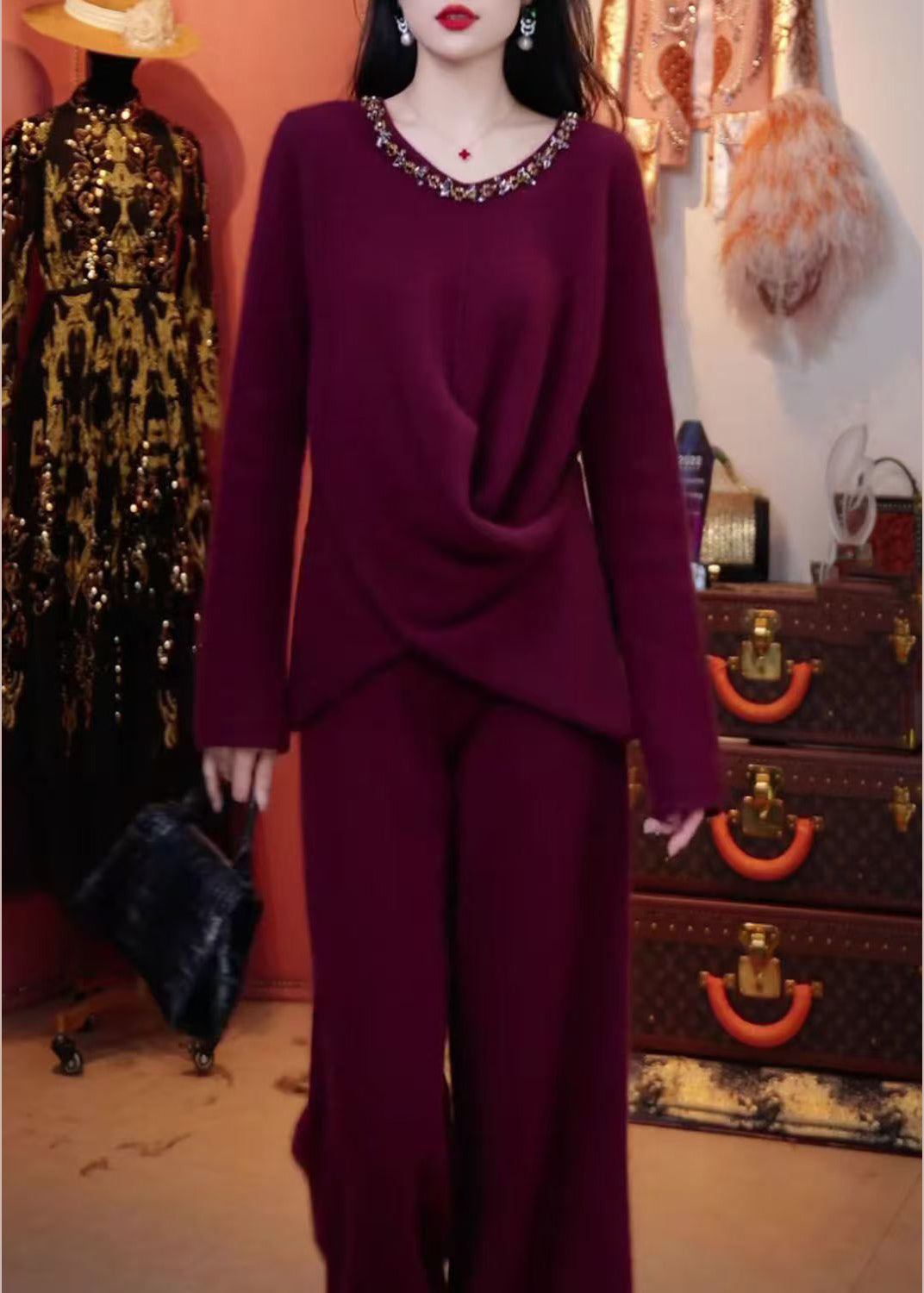New Purple O Neck Sweaters and Pants Knit Two Pieces Set Winter
