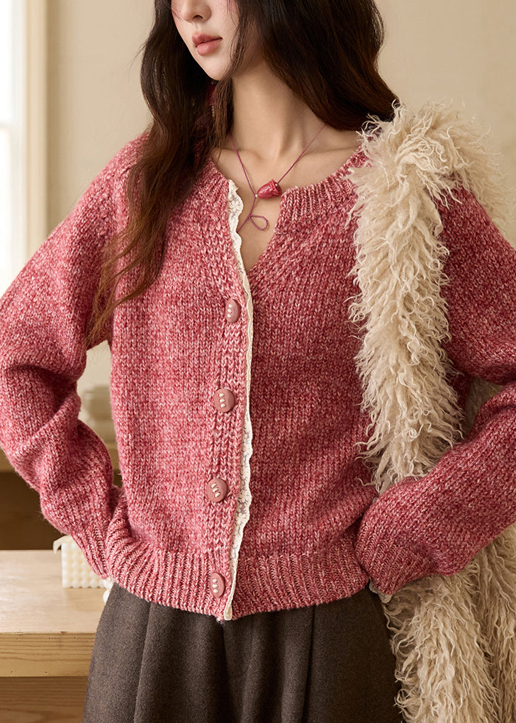 Pink V Neck Patchwork Cozy Cotton Knit Sweaters Fall