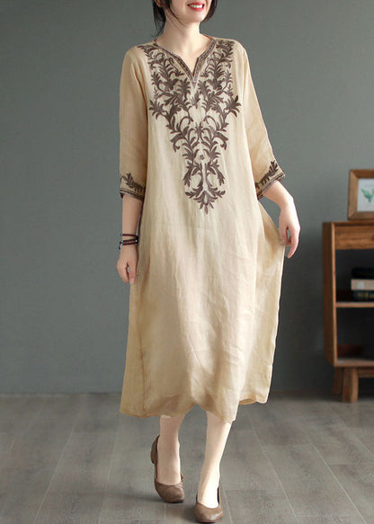 Khaki V Neck Embroidered Patchwork Linen Dress Summer