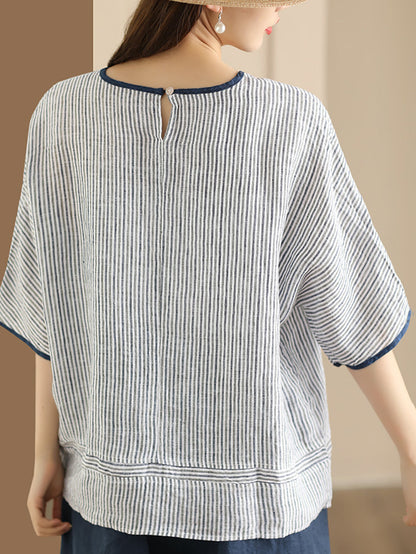 Summer Stripe Spliced Linen Shirt
