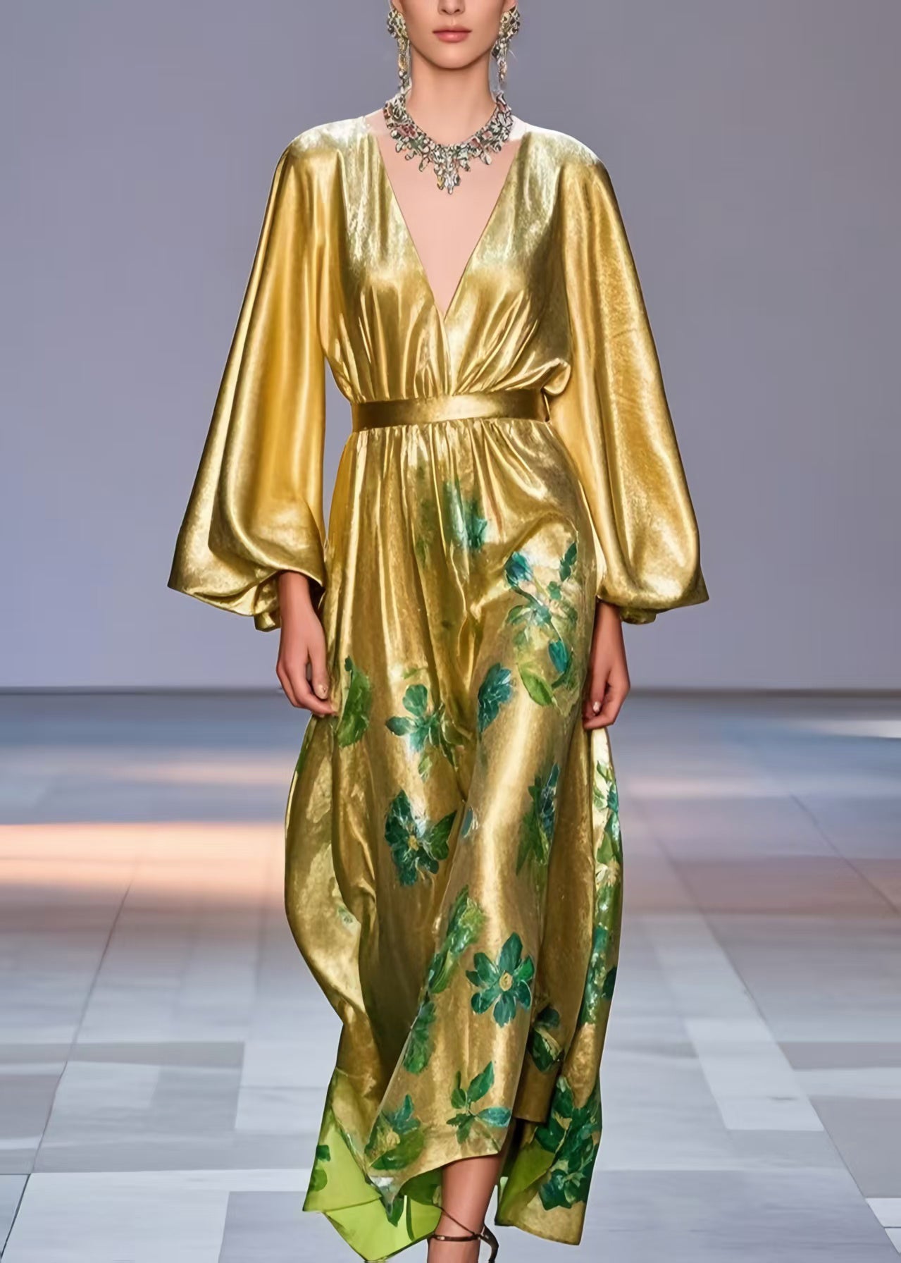 Golden Cinched Print Silk Party Dress Lantern Sleeve