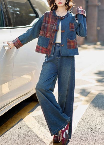 Natural Denim Blue O-neck Patchwork Coats and Wide Leg Pants Two Pieces Set Fall
